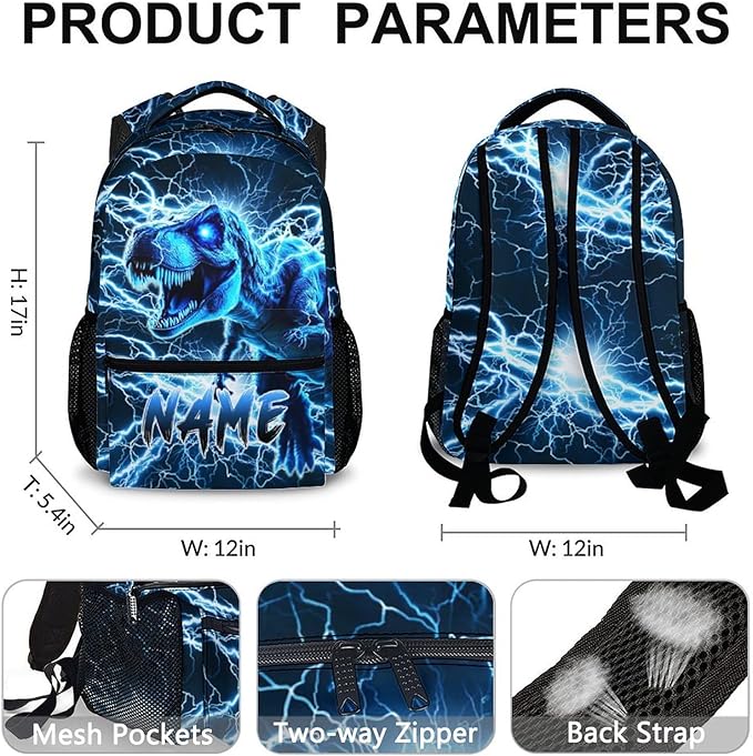 Dinosaur Backpack for Boys, Kids Custom Lightning Bookbag Gift with Name for Kindergarten Primary Senior Middle, 17 Inch Lightweight Cool Personalized Backpacks for School-CubbioJoy