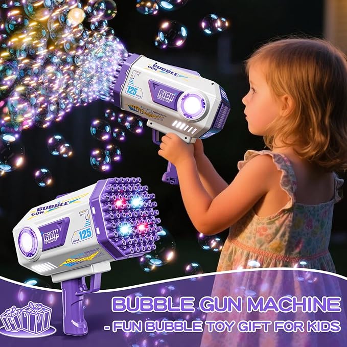 Bubble Gun, 125 Holes Bubble Machine Gun, Bubble Blaster Gun for Kids, Rechargeable Bubble Gun with Bubble Solution, Summer Toy Party Favors Bubble Maker for Wedding Birthday (Purple)-CubbioJoy