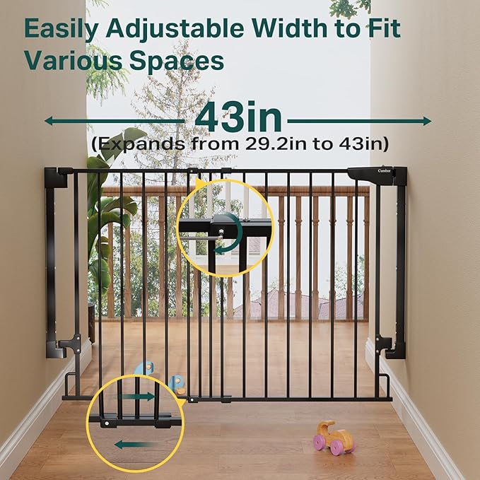 Cumbor 29.2-43" No Bottom Bar Baby Gate for Stairs, 2-in-1 Hardware Mounted Dog Gate Indoor, Wide Pet Gates for Doorway with Large Walk Thru Door, Child-Proof Gate for Top & Bottom of Stairs(Black)-CubbioJoy