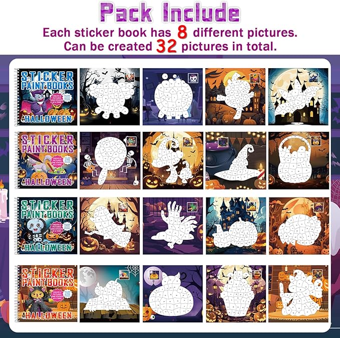 4Pcs Halloween Paint by Sticker Books for Kids Ages 4-8 Halloween Pumpkin Ghost Witch Sticker by Number Books Activity Book for Kids Puzzle Book Craft Art Gift Holiday Party Favors Create 32 Pictures-CubbioJoy