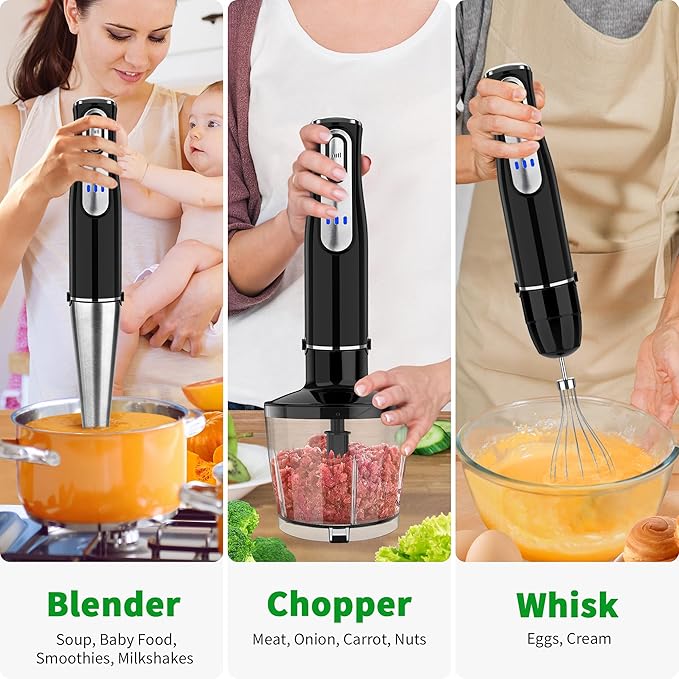 Cordless Immersion Blender Handheld, Rechargeable 4 In 1 Electric Hand Blender Stick Blender Variable Speed with Chopper, Beaker, Whisk, Stainless Steel Blade for Soup, Baby Food, Smoothies-CubbioJoy