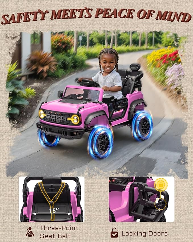 12V Electric Ride on Toys for Toddler, Ford Bronco Raptor Kids Ride on Car with Remote Control, 12 Volt Battery Powered Cars for Children with Smooth Start, Bluetooth (12V, Pink)-CubbioJoy
