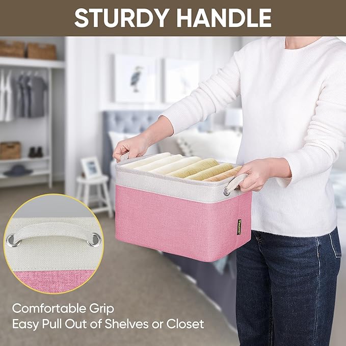 BALEINE 4 Pack Fabric Storage Bins for Shelves, Linen Storage Baskets for Organizing, Decorative Closet Bins for Clothes, Home (Pink, 12"x8"x8")-CubbioJoy