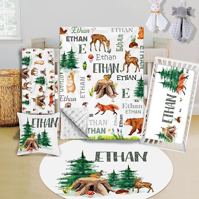 Custom Crib Bedding Set - Woodland Animals Design Personalized Name Baby Nursery Bed 3 Pcs Set - Chic Soft Blanket with Dotted Backing, Sheet, Pillowcase for Newborn Girls Boys Gifts Color13-CubbioJoy