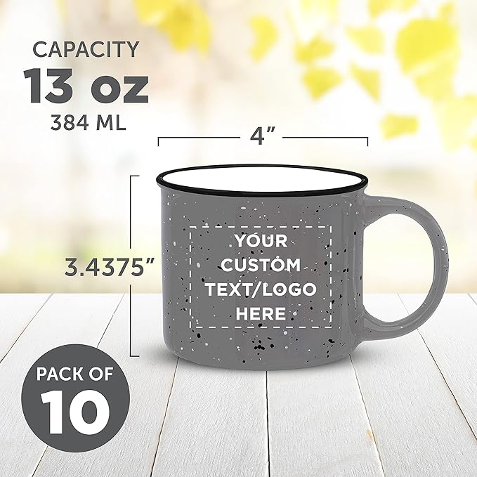 DISCOUNT PROMOS Custom Ceramic Campfire Coffee Mugs 13 oz. Set of 10, Personalized Bulk Pack - Perfect for Tea, Espresso, Cappuccino, Hot Cocoa - Grey-CubbioJoy