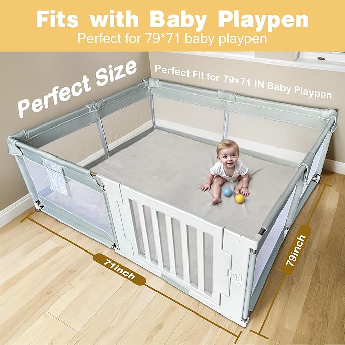 79" ×71" Padded Baby Play Mat for Floor, 1.2" Thick Memory Foam Mat with Machine Washable Cover, Soft Tummy Time Crawling Playmat with Non-Slip Bottom, Fits 79" x71" Playpens-CubbioJoy