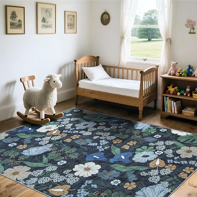 Area Rug Living Room Rugs: 6x9 Washable Rug Vintage Floral Soft Boho Non Slip Carpet Indoor Floor Non Shedding Low Pile Thin Carpets for Bedroom Dining Room Farmhouse Nursery Home Office Blue-CubbioJoy