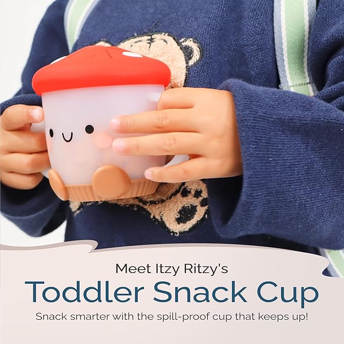 Itzy Ritzy Toddler Snack Cup - Spill-Proof Snack Cup for Toddlers with Soft Silicone Lid for Easy Food Access - Easy-To-Hold Kids Snacks Container With Handles - Ideal for 12 months & Up (Mushroom)-CubbioJoy