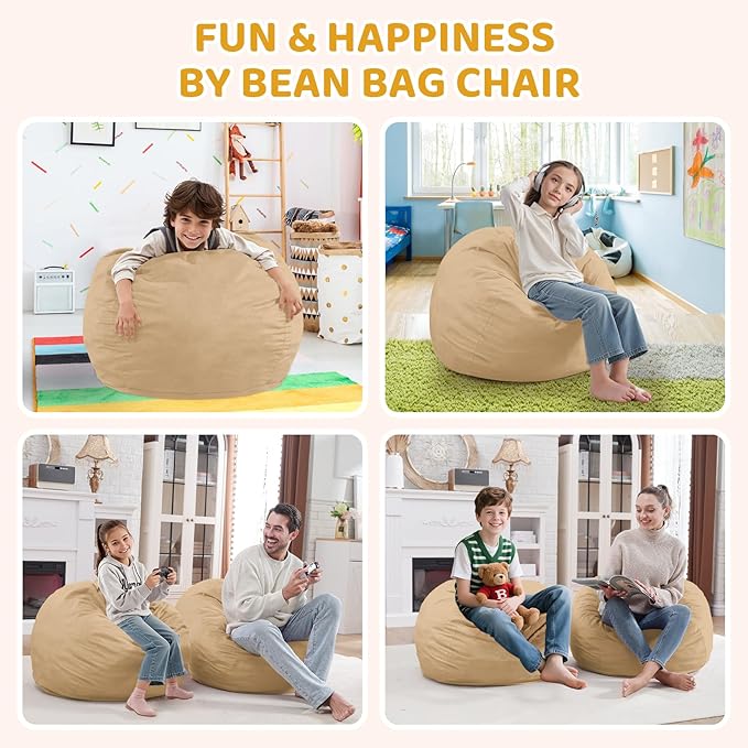 2FT Bean Bag Chair, Comfy Bean Bag Chairs with Memory Foam Filled, Fluffy Beanbag Sofa with Dutch Velvet Cover, Teardrop BeanBag Chairs for Living Room, Playroom - Khaki-CubbioJoy