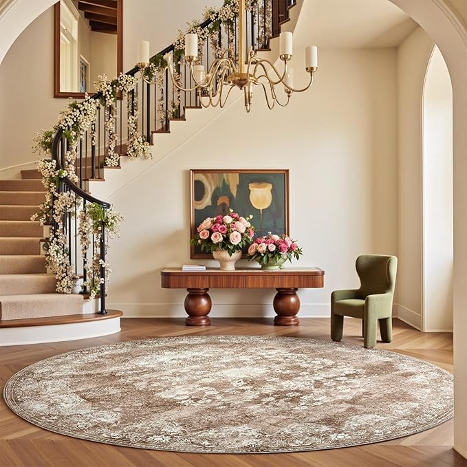 jinchan Round Rug 8ft Area Rug - Brown Vintage Floor Mat Kitchen Indoor - Washable Circle 8' Thin Floral Print Carpet Retro Farmhouse Non Slip Dining Room Living Room Bedroom Office-CubbioJoy
