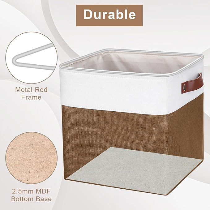 Collapsible Fabric Storage Cubes 11x11 Cube Storage Bins, 4 Pack Closet Baskets Box with Handles for Organizing, Shelf, Toys, Clothes, Home, Office, Nursery (Brown&White)-CubbioJoy