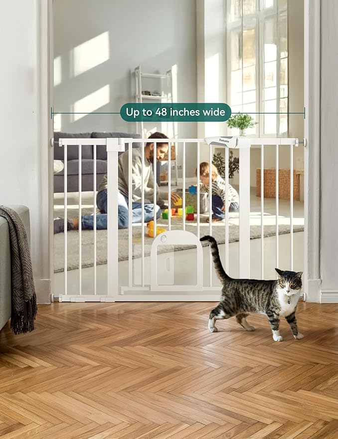Babelio 29-48" Extra Wide Baby Gate with Adjustable Cat Door,Easy Install Pressure/Hardware Mounted,Auto Close Pet door for Stairs,House,Doorways,Effortless Walk Thru,White-CubbioJoy