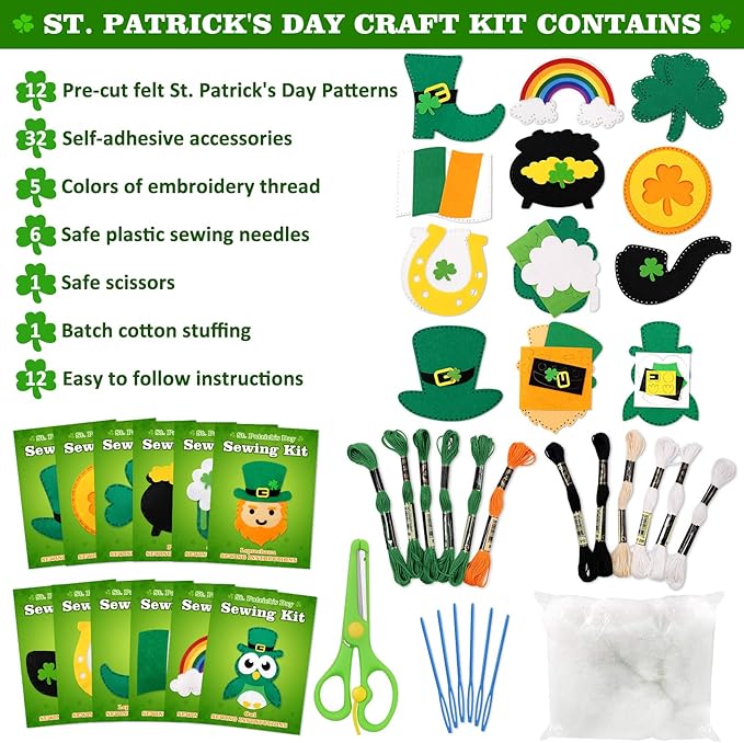 CiyvoLyeen St. Patrick's Day Craft Kids Sewing Kit Fun Saint Paddy's Day Felt DIY Craft Sewing for Girls and Boys Beginners Includes 12 Projects Clover Shamrock Ornaments Irish Education Gift Ideas-CubbioJoy