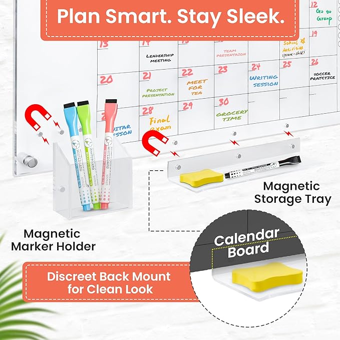 Acrylic Calendar for Wall - 24x18” Wall Calendar, Dry Erase Calender, Clear Calendar for Wall, Includes Magnetic Pen, Tray Holders, 4 Markers and 1 Eraser-CubbioJoy