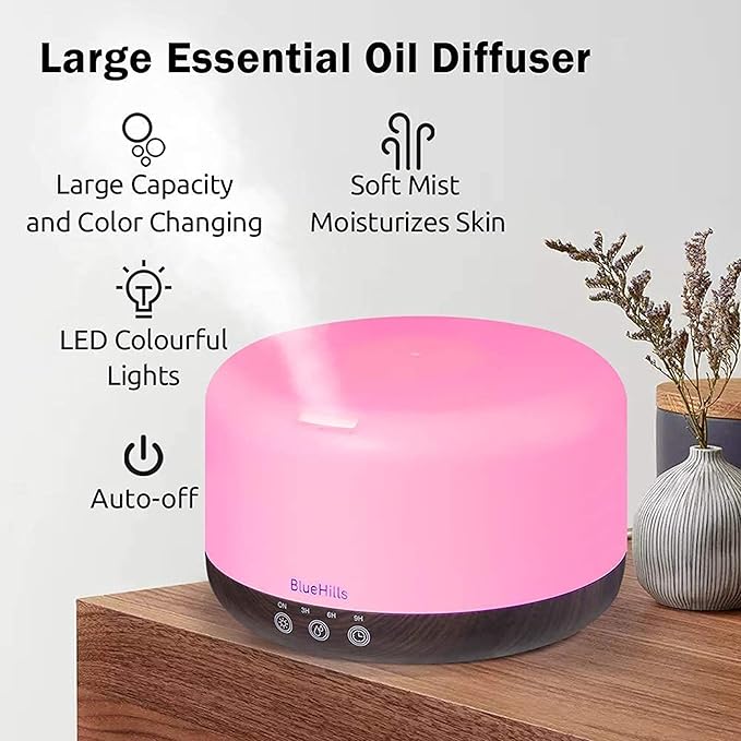 BlueHills Premium 1000 ML Large Essential Oil Diffuser Humidifier for Room Home Aromatherapy Big Capacity Oil Diffuser with Décor LED Lights Long Running Round Diffuser Dark Wood Grain – D002-CubbioJoy