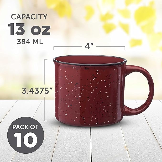 DISCOUNT PROMOS Ceramic Campfire Coffee Mugs 13 oz. Set of 10, Bulk Pack - Perfect for Tea, Espresso, Cappuccino, Hot Cocoa - Maroon-CubbioJoy