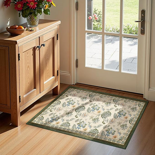 jinchan 2x3 Floral Rug for Entryway Washable Kitchen Rug Vintage Romance Design Small Mat Non Slip Indoor Doormat Lightweight Low-Profile Throw Carpet for Entrance Bathroom Laundry Room, Green/Beige-CubbioJoy