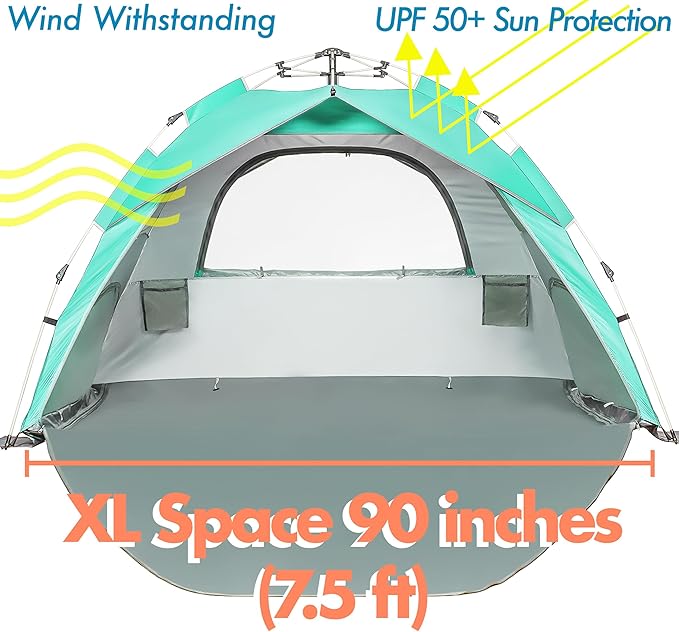 Beach Tent Pop Up Beach Sun Shade Tent with UPF 50+ UV Protection, Removable Floor Zippered Privacy & Ventilation Sun Shelter Family 3 to 4 Person-CubbioJoy