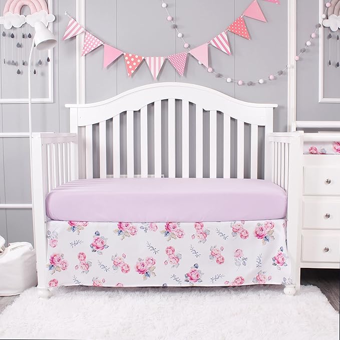 Belsden Floral 3 Piece Crib Bedding Set for Baby Boys Girls, Classic Nursery Bedding Essential Including Comforter, Crib Sheet and Crib Skirt, Ultra Soft Cozy, Floral Purple-CubbioJoy
