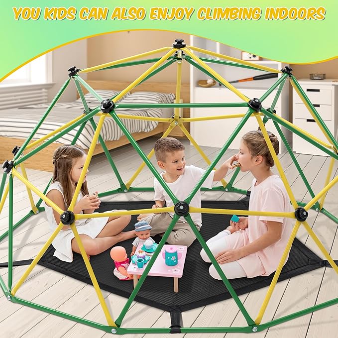 Climbing Dome, 10FT Dome Climber with Hammock & Swing for Kids 3-10, Kids Outdoor Jungle Gym Supports 1000lbs, Easy Assembly Playground Jungle Gym Backyard Play Equipment, Yellow+Green-CubbioJoy
