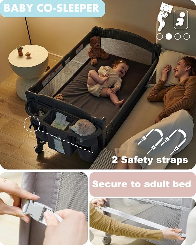 AirClub 4 in 1 Baby Bassinet Bedside Sleeper, 4 Functions Crib, Playard, Portable Changing Table, Bassinet for Newborn Baby, Bedsaide Bed w/Wheels&Brakes-CubbioJoy