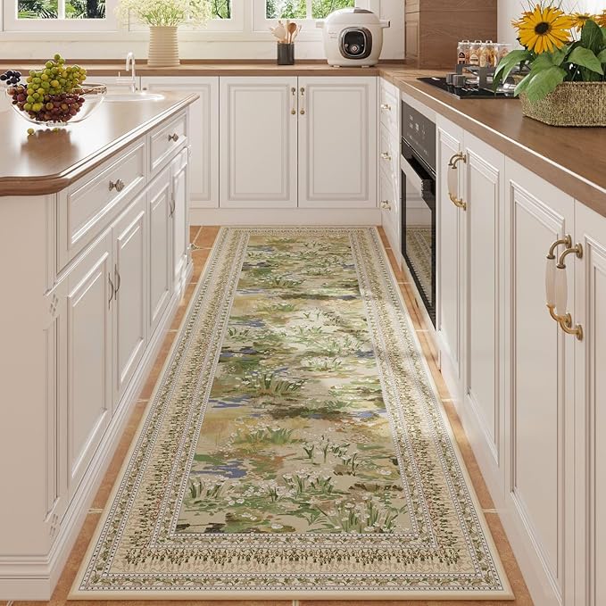 2x6 Runner Rug Impressionist-Style Vintage Kitchen Rugs Non Slip Washable Soft Carpet Runner for Kitchen Laundry Bedroom Bathroom, Beige-CubbioJoy