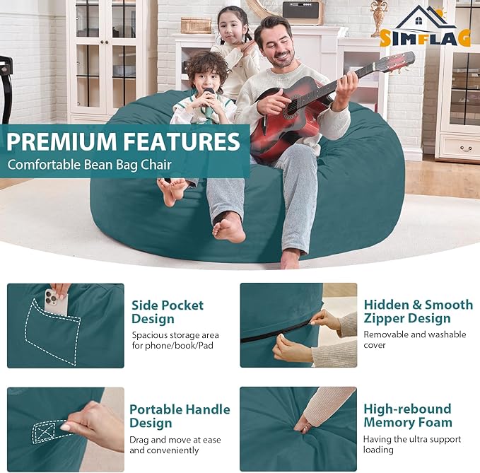 4FT Bean Bag Chair, Large Bean Bag Chairs with Memory Foam Filled, Fluffy Beanbag Sofa with Dutch Velvet Cover, Round BeanBag Chairs for Living Room, Playroom - Sea Blue-CubbioJoy