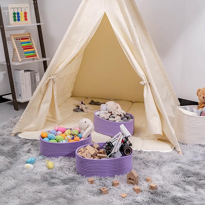 Baskets Bins for Shelf Storage Organizing/Cute Basket to Store and Organize Household Items/Woven Rope Basket for Living Room, Bedroom,Playroom,3 Packs Purple Basket-CubbioJoy