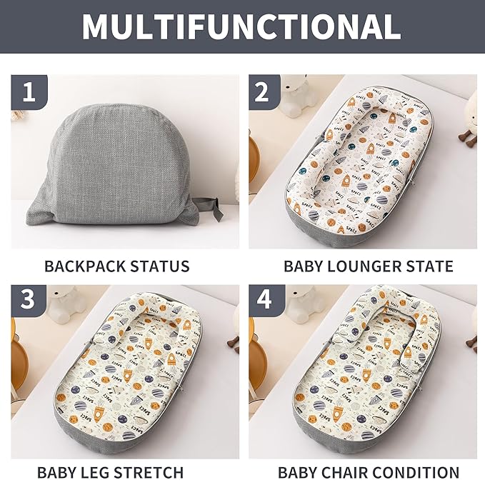 Baby Lounger, Foldable Infant Nest with Soft Memory Foam Mat, Cover with Adorable Pattern, Converts to Backpack for Easy Travel, 0-12 Months, Rocket-CubbioJoy