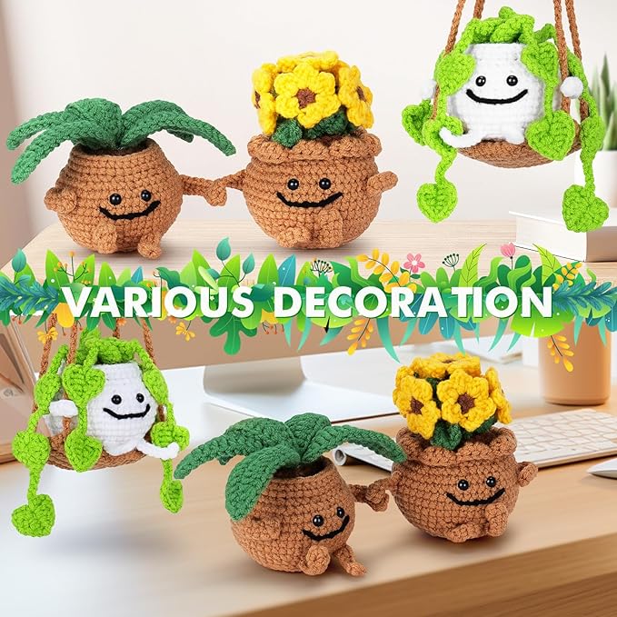 Crochet Kit for Beginners - 3 PCS Potted Plants Crochet Kit with Step-by-Step Video Tutorials, Beginner Crochet Kits for Adults Kids, Potted Plant with Swing Crocheting Set-CubbioJoy