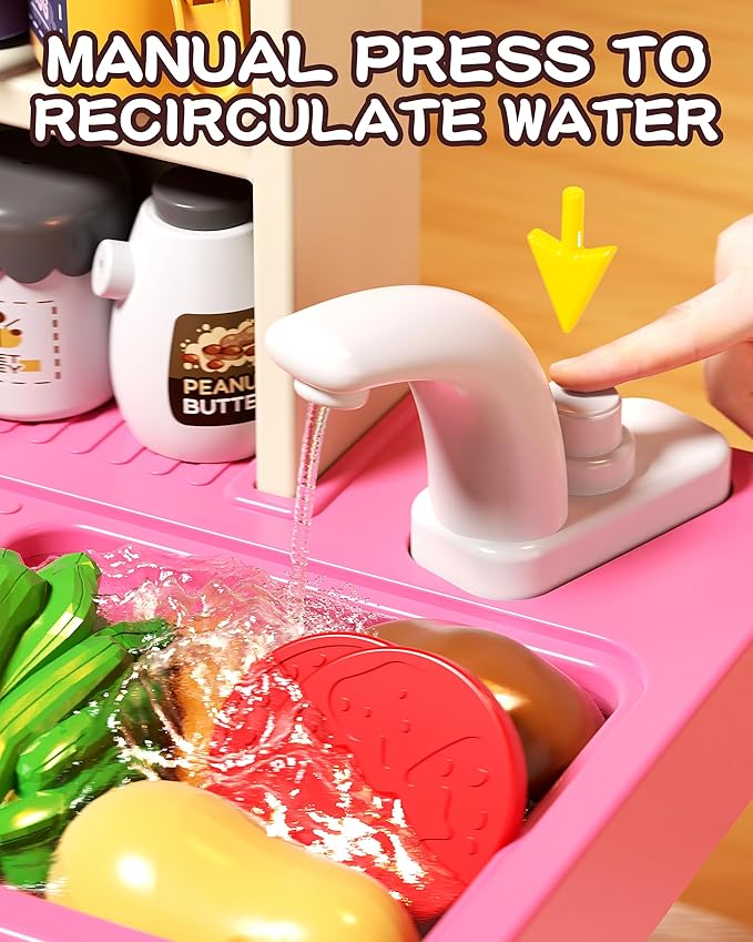 33.8IN Kids Kitchen Playset, 63 PCS Kid Play Kitchen with Realistic Lights & Sounds, Spray Sink Toy Kitchen Accessories, Pretend Food Toys Kitchen for Boys Girls Toddlers(Pink)-CubbioJoy