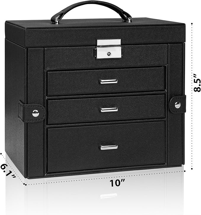 AKOZLIN 4-Tier Jewelry Box Lockable Leather Jewelry Storage Case Organizer with 3 Drawers for Women Girls Ring Necklace Earring Bracelet Watches Holder with Mirror-CubbioJoy