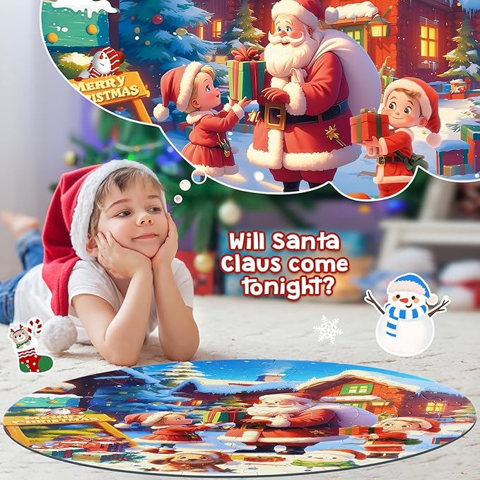 Christmas Puzzles for Kids Ages 4-6, Kids Puzzles with Santa Claus & Snowman,70 Piece Round Large Floor Puzzles for Kids Ages 3 4 5 6 7 8, Educational Toy Gift Jigsaw Puzzles for 5 Year Old Boys Girls-CubbioJoy