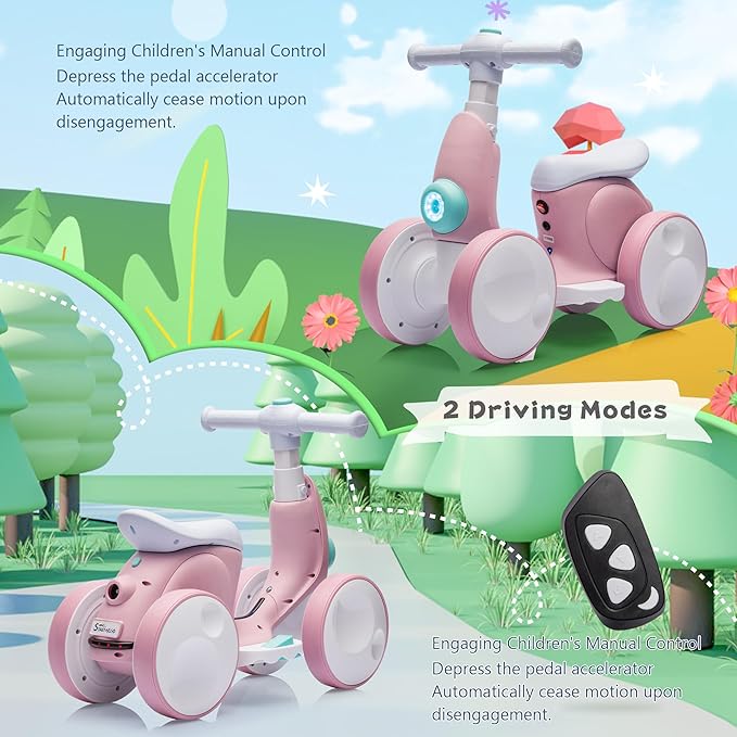 6V Electric Baby Balance Bike with Bubble Machine,4 in 1 Toddler Balance Bike w/Remote Control for 1 Year Old Boys Girls Kids Bubble Bike Ride on Toys w/Powered Motor,Music,LED Lights (Pink)-CubbioJoy