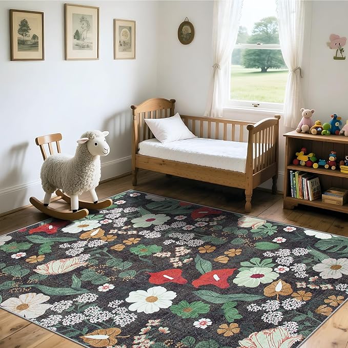 Area Rug Living Room Rugs: 5x7 Washable Rug Vintage Floral Soft Boho Non Slip Carpet Indoor Floor Non Shedding Low Pile Thin Carpets for Bedroom Dining Room Farmhouse Nursery Home Office Green-CubbioJoy