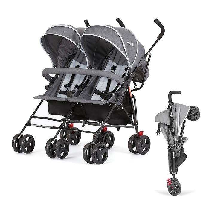 Dream On Me Volgo Twin Umbrella Stroller in Gray, Lightweight Double Stroller for Infant & Toddler, Compact Easy Fold, Large Storage Basket, Large and Adjustable Canopy-CubbioJoy