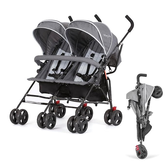 Dream On Me Volgo Twin Umbrella Stroller in Gray, Lightweight Double Stroller for Infant & Toddler, Compact Easy Fold, Large Storage Basket, Large and Adjustable Canopy-CubbioJoy
