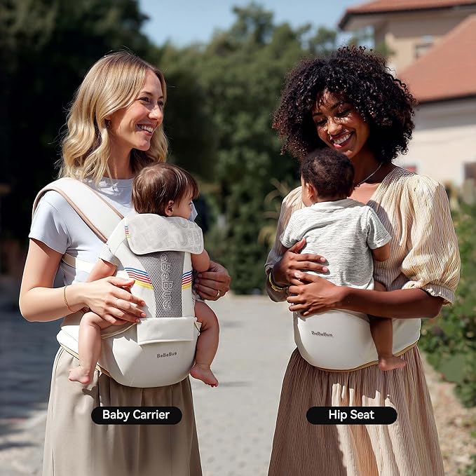Baby Carrier with Hip Seat, BeBeBus 2-in-1 Ergonomic Newborn to Toddler Carrier up to 44 lbs, Detachable Hands-Free for Infant, All Season Forward-Facing Carry, Fits Waist Sizes up to 38 inch (White)-CubbioJoy
