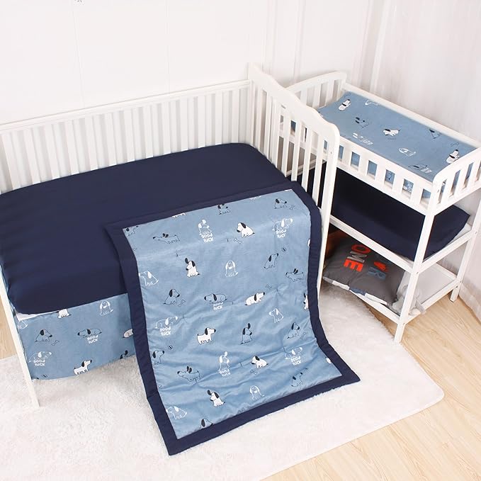 CaSaJa 4-Piece Crib Bedding Set for Boys and Girls, Nursery Baby Bedding Set Including Quilted Comforter with Fitted Crib Sheet and Changing Pad Covers, Reversible Quilt Design, Good Luck Puppy-CubbioJoy