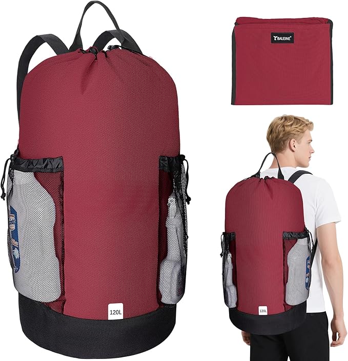 BALEINE 120L Laundry Bag Backpack, 900D Oxford Fabric Large Travel Laundry Bags with Shoulder Straps and 2 Mesh Pockets for College Dorm, Apartment, Laundromat (Red, 120L)-CubbioJoy