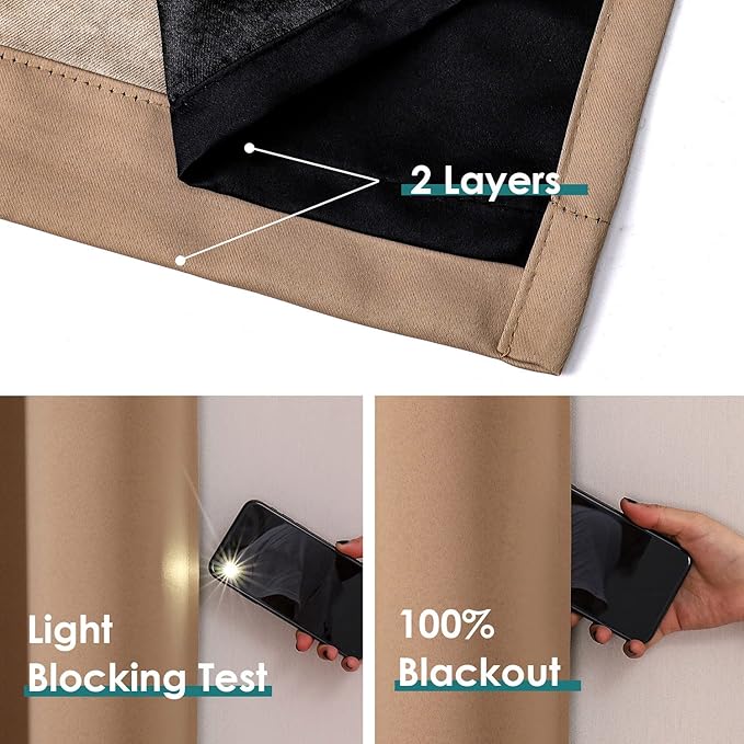 ChrisDowa 100% Blackout Curtains for Bedroom with Black Liner, 2 Thick Layers Total Blackout Thermal Insulated Grommet Window Curtains 2 Panels Set (Cappuccino, 52 x 54 Inch)-CubbioJoy