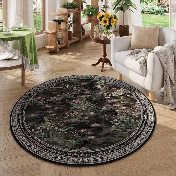 Circle Rug Impressionist-Style Vintage Round Rug 4ft Non Slip Low Pile Small Circular Rug for Bedroom Bathroom Entryway Kids Room Office College Dorm, Black-CubbioJoy