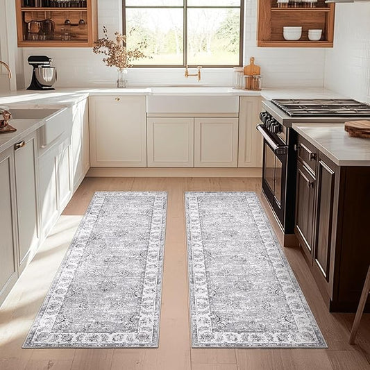 jinchan Runner Rug 2x5-2pcs Kitchen Washable Vintage Hallway Rug Floral Print Floor Cover Indoor Thin Retro Mat Accent Bathroom Laundry Room Bedroom Office Farmhouse (Double,Grey)-CubbioJoy