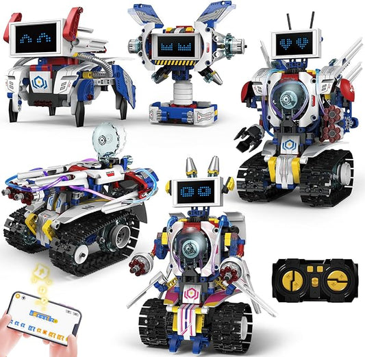5-in-1 STEM Robot Building Kit for Kids Ages 8-16, Remote & App Controlled, Rechargeable Engineering Learning DIY Coding Toy, Educational Building Blocks Gift for Girls & Boys (603 PCS)-CubbioJoy