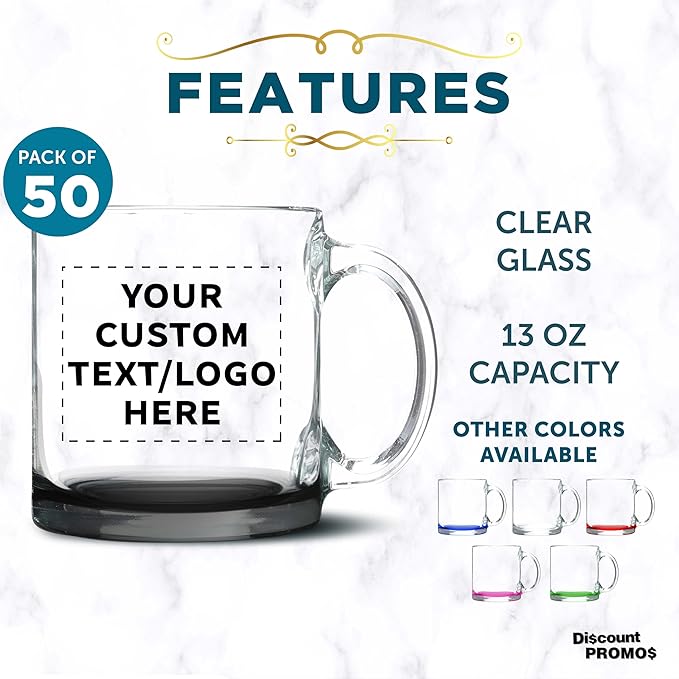 Custom Libbey Clear Glass Coffee Mugs 13 oz. Set of 50, Personalized Bulk Pack - Perfect for Coffee, Tea, Espresso, Hot Cocoa, Other Beverages - Black Bottom-CubbioJoy