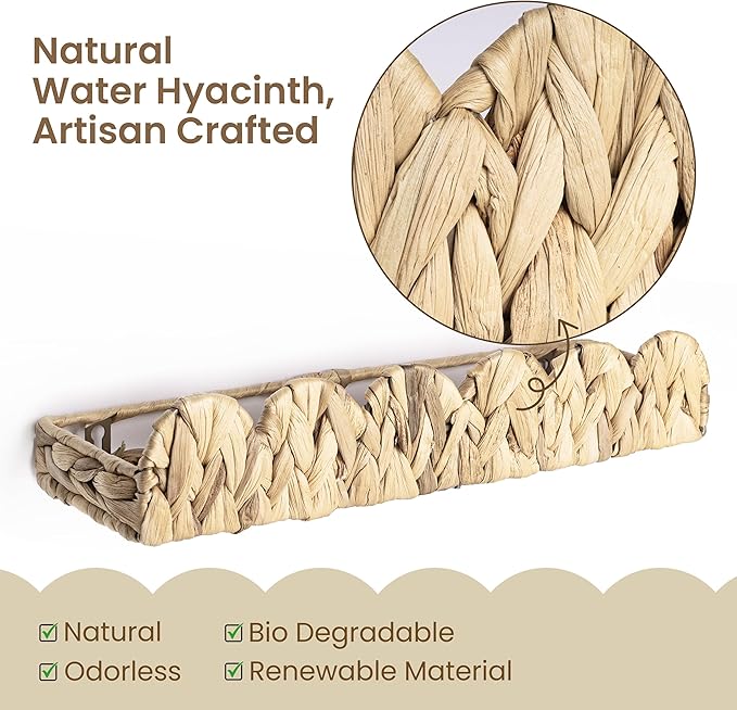 AELS Scalloped Nursery Bookshelf, Set of 4, Picture Ledge Shelf for Wall Decor, Woven Natural Water Hyacinth Floating Shelves for Books, Toys, Photo Frames, Nursery, Boho Modern Farmhouse Book Shelf-CubbioJoy