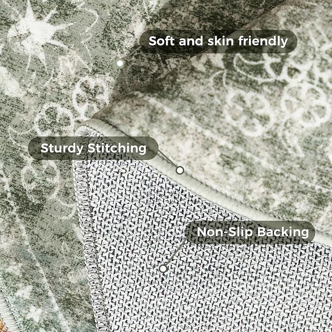 jinchan Round Rug 5ft Area Rug - Green Vintage Floor Mat Kitchen Indoor - Washable Circle 5' Thin Floral Print Carpet Retro Farmhouse Non Slip Dining Room Living Room Bedroom Office-CubbioJoy