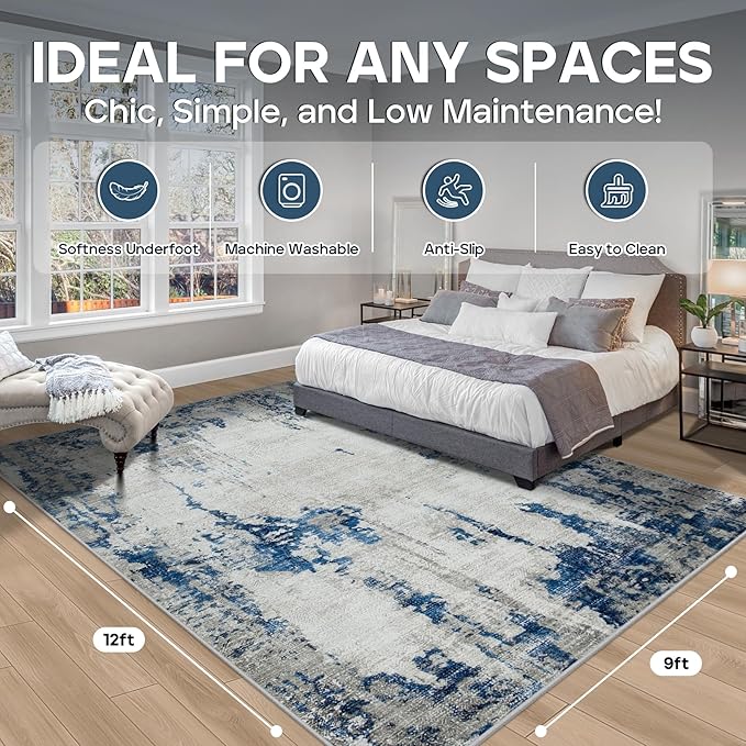 8x10 Area Rugs for Living Room Rug Washable: Modern Large Rug for Dining Room Bedroom Carpet Non Slip 8 by 10 Indoor Abstract Nursery Home Office Blue White-CubbioJoy