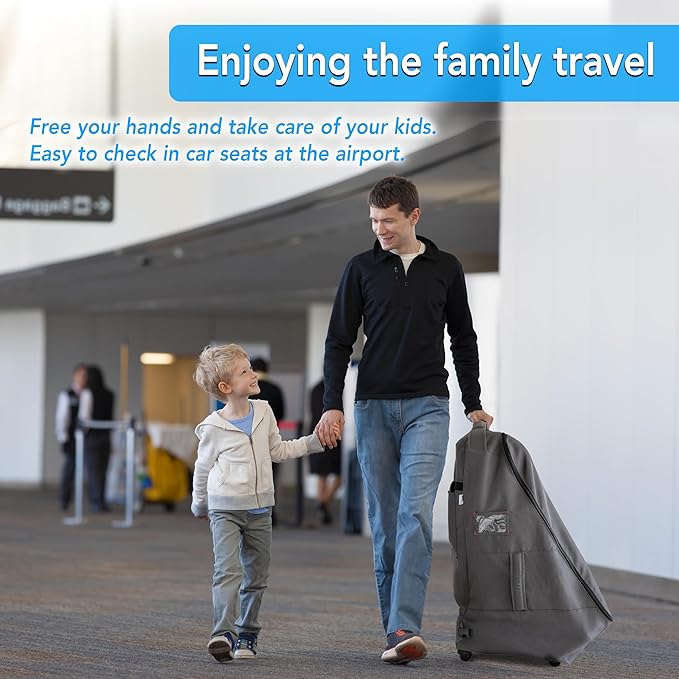 Car Seat Travel Bag with Wheels Heavy Duty Water-resistant Protective Cover for Airplane Travel & Rolling Design, Padded Handle,Padded Adjustable Strap (Grey)-CubbioJoy