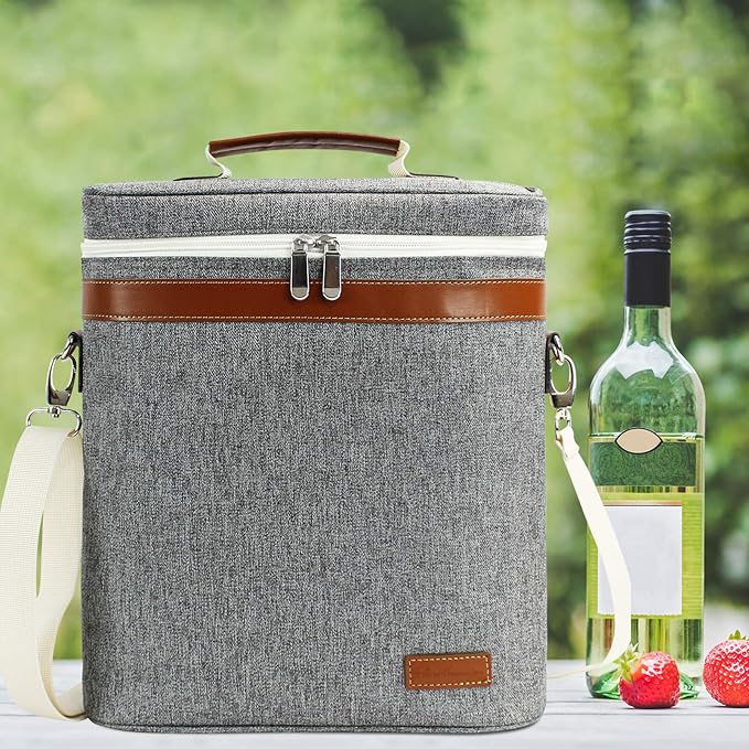3 Bottle Insulated Wine Tote Carrier Bag, Portable Travel Padded Wine Cooler - Corkscrew Opener, Handle and Adjustable Shoulder Strap, Wine Lover Travel Picnic Party Wedding Wine Tote Grey-CubbioJoy
